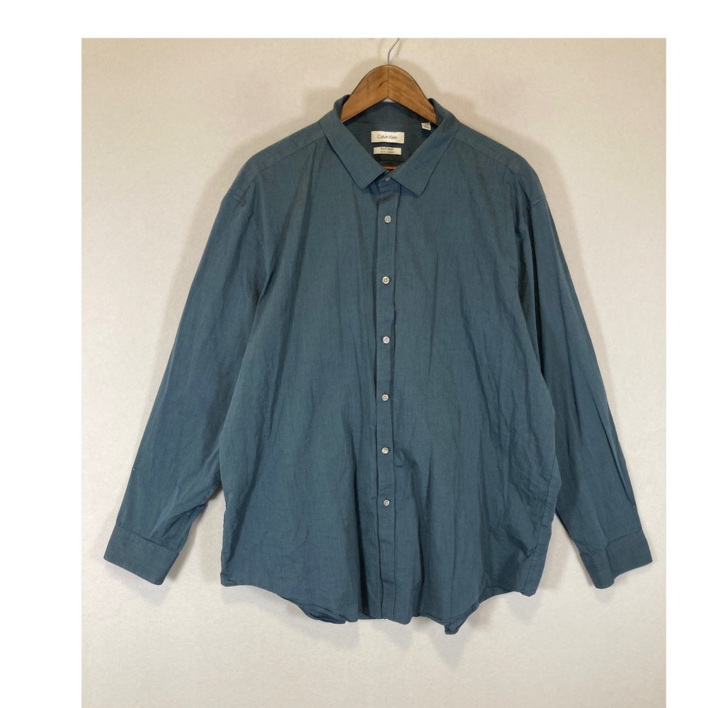 Business Casual Calvin Klein Mens 3XL Teal Supima Cotton Slim Fit Stretch Shirt
